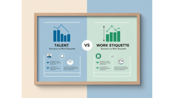 Infographic showing Talent vs Work Etiquette in business with charts and icons in a split blue-green layout.