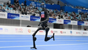 A robot competes in 1,500m run during the World Humanoid Robot Games in Beijing