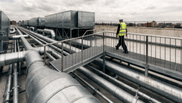 Engineer walking a rooftop step over platform above pipework and HVAC plant on a commercial building