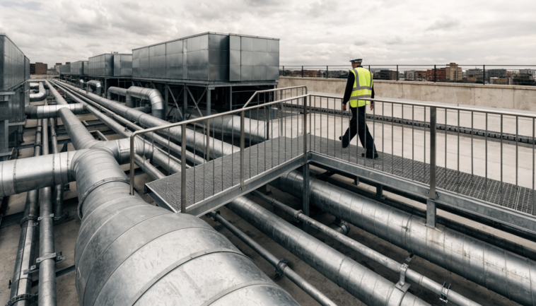 Engineer walking a rooftop step over platform above pipework and HVAC plant on a commercial building