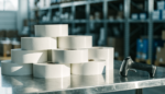 Rolls of blank white matte industrial labels beside a barcode scanner in a warehouse