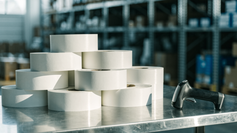 Rolls of blank white matte industrial labels beside a barcode scanner in a warehouse
