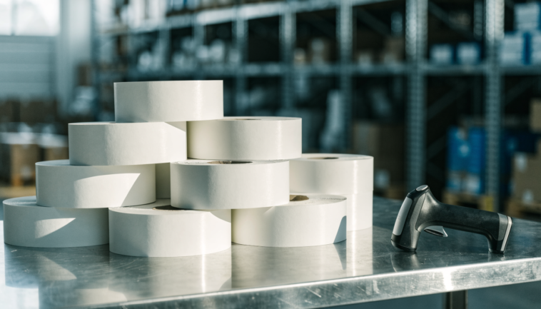 Rolls of blank white matte industrial labels beside a barcode scanner in a warehouse