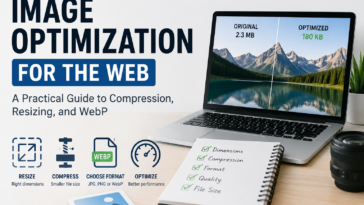 Modern website image optimization workflow showing image resizing, compression, and WebP conversion for faster web publishing.