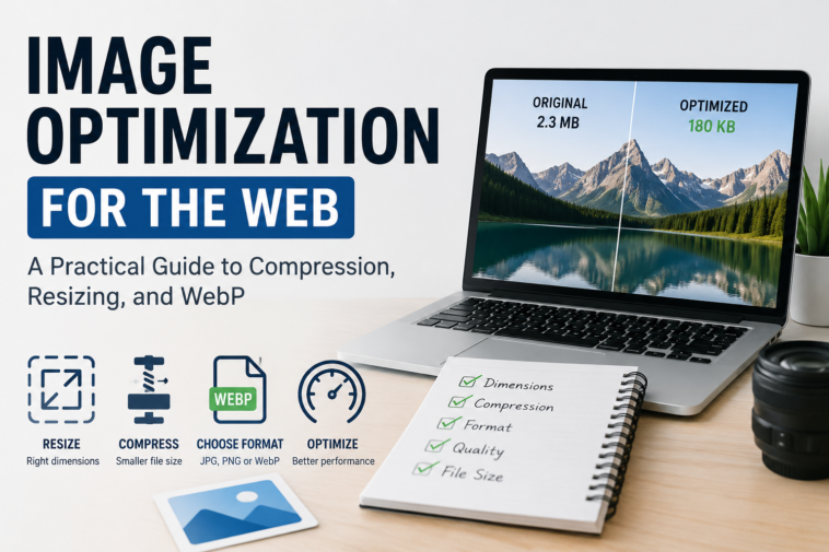 Modern website image optimization workflow showing image resizing, compression, and WebP conversion for faster web publishing.