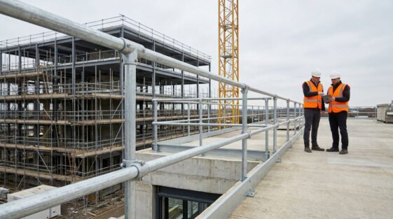 Modular tubular steel handrail and clamp fittings on a modern construction site