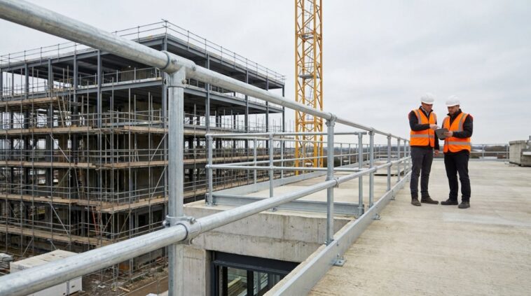 Modular tubular steel handrail and clamp fittings on a modern construction site