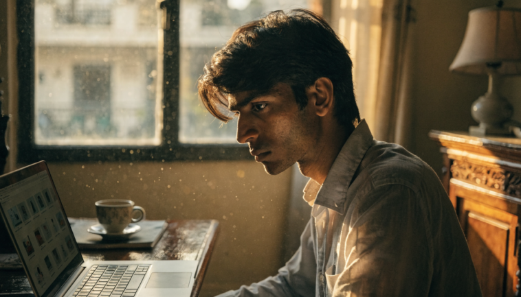 Young Pakistani freelancer working at a home desk on an online store catalogue