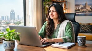 Freelancer working at a laptop in a home office, representing Pakistan's growing freelance export earnings