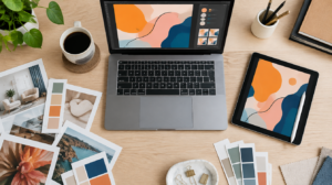 Overhead flat lay of a freelance designer's desk with laptop and design mockup, representing higher value creative project work