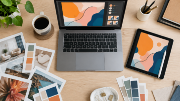 Overhead flat lay of a freelance designer's desk with laptop and design mockup, representing higher value creative project work