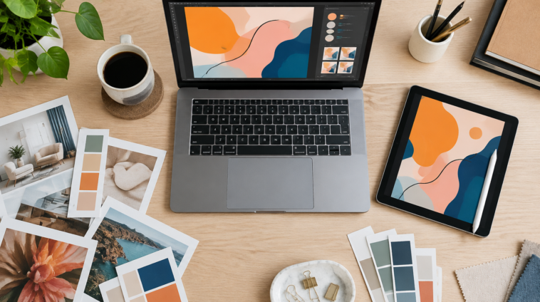 Overhead flat lay of a freelance designer's desk with laptop and design mockup, representing higher value creative project work