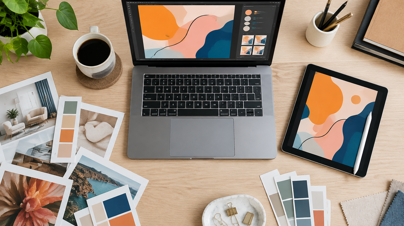 Overhead flat lay of a freelance designer's desk with laptop and design mockup, representing higher value creative project work