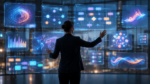 Professional directing multiple glowing AI workflow panels, representing AI orchestration versus simple AI execution work
