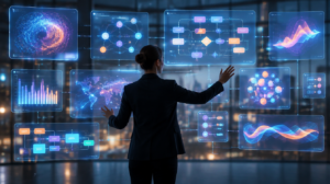 Professional directing multiple glowing AI workflow panels, representing AI orchestration versus simple AI execution work