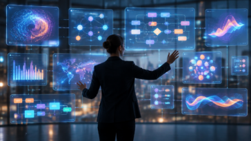 Professional directing multiple glowing AI workflow panels, representing AI orchestration versus simple AI execution work