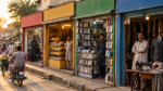 Independent shops on a Pakistani high street at golden hour, the kind of local business that often has no website