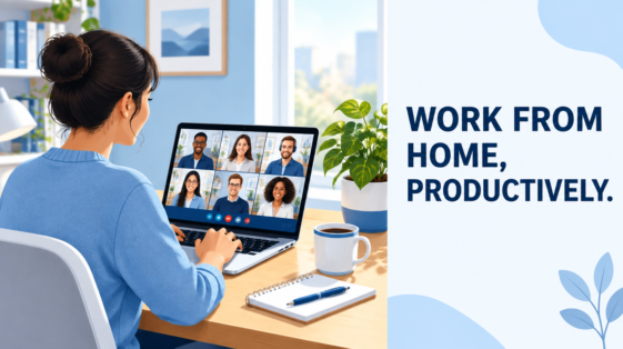 Working from home productively on a laptop during a video call with colleagues