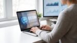 Marketing professional reviewing AI search recommendations and analytics on a laptop