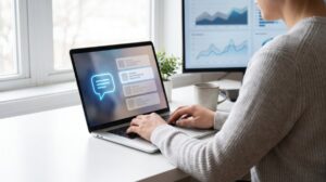 Marketing professional reviewing AI search recommendations and analytics on a laptop