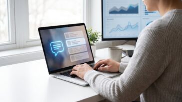 Marketing professional reviewing AI search recommendations and analytics on a laptop