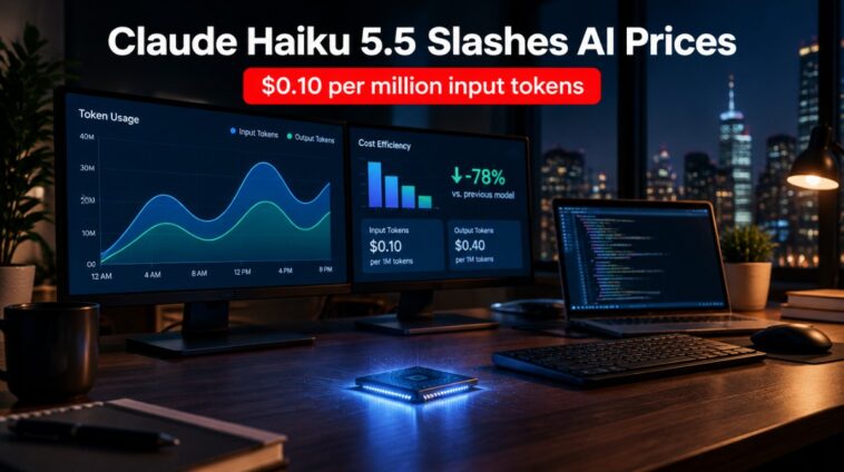 Claude Haiku 5.5 pricing headline over a developer desk