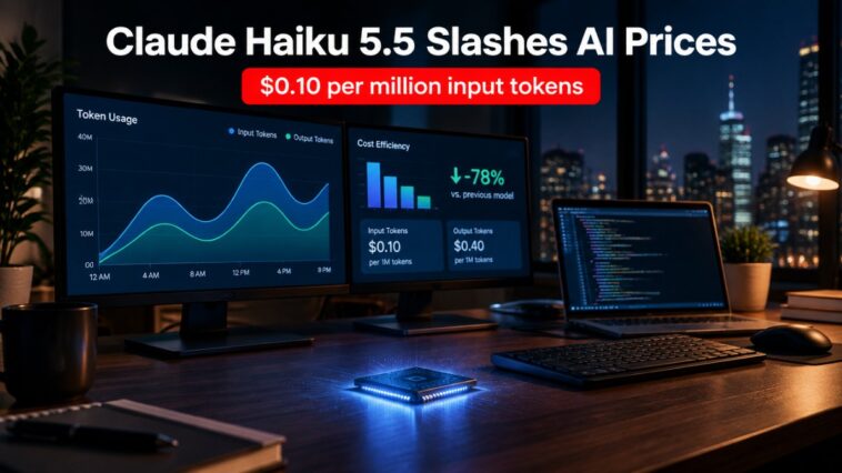 Claude Haiku 5.5 pricing headline over a developer desk