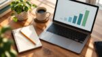 Freelancer desk with laptop showing a rising chart