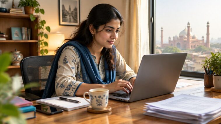 Pakistani freelancer working at a laptop with invoices
