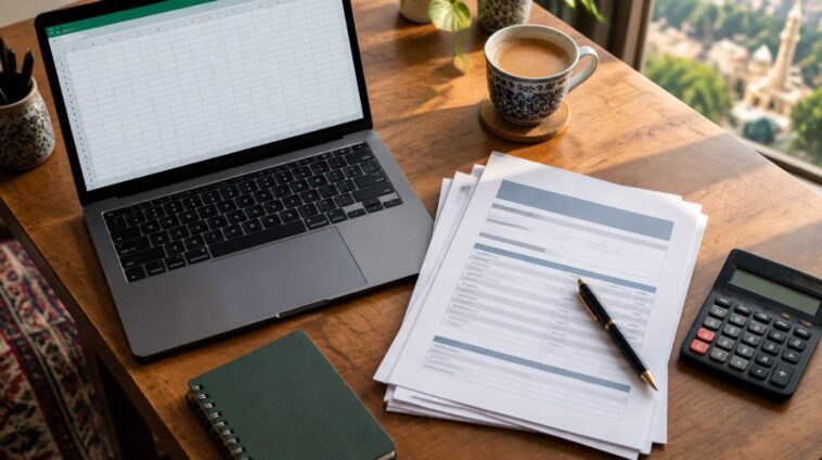 Freelancer desk with bank remittance papers, calculator and chai