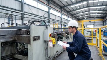 Maintenance technician inspecting industrial machinery with a lockout tagout padlock applied