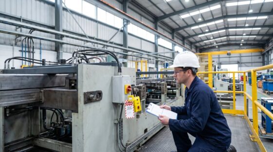 Maintenance technician inspecting industrial machinery with a lockout tagout padlock applied