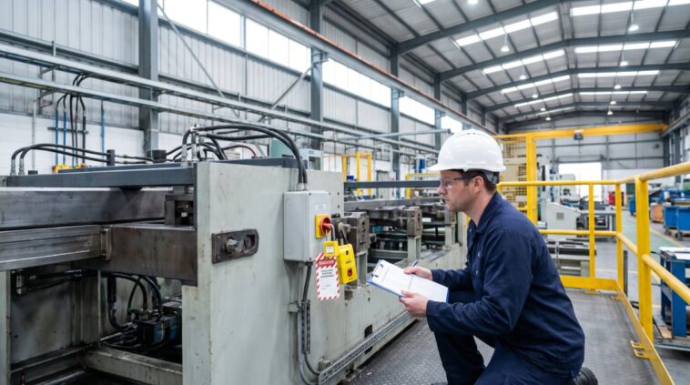 Maintenance technician inspecting industrial machinery with a lockout tagout padlock applied