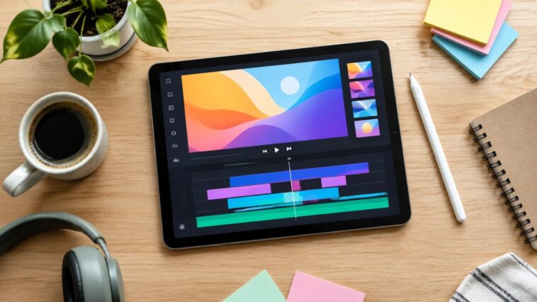 Freelancer desk with tablet showing abstract video timeline