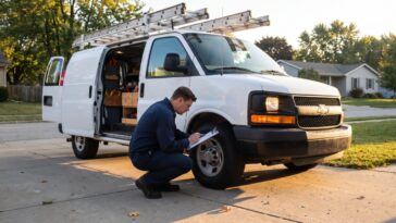 Tradesperson doing a morning walk-around inspection of a white work van